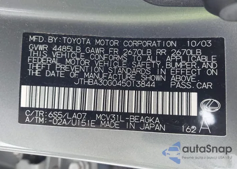 2004 Lexus Es 330 z USA, uszkodzony, nr VIN JTHBA30G045013844